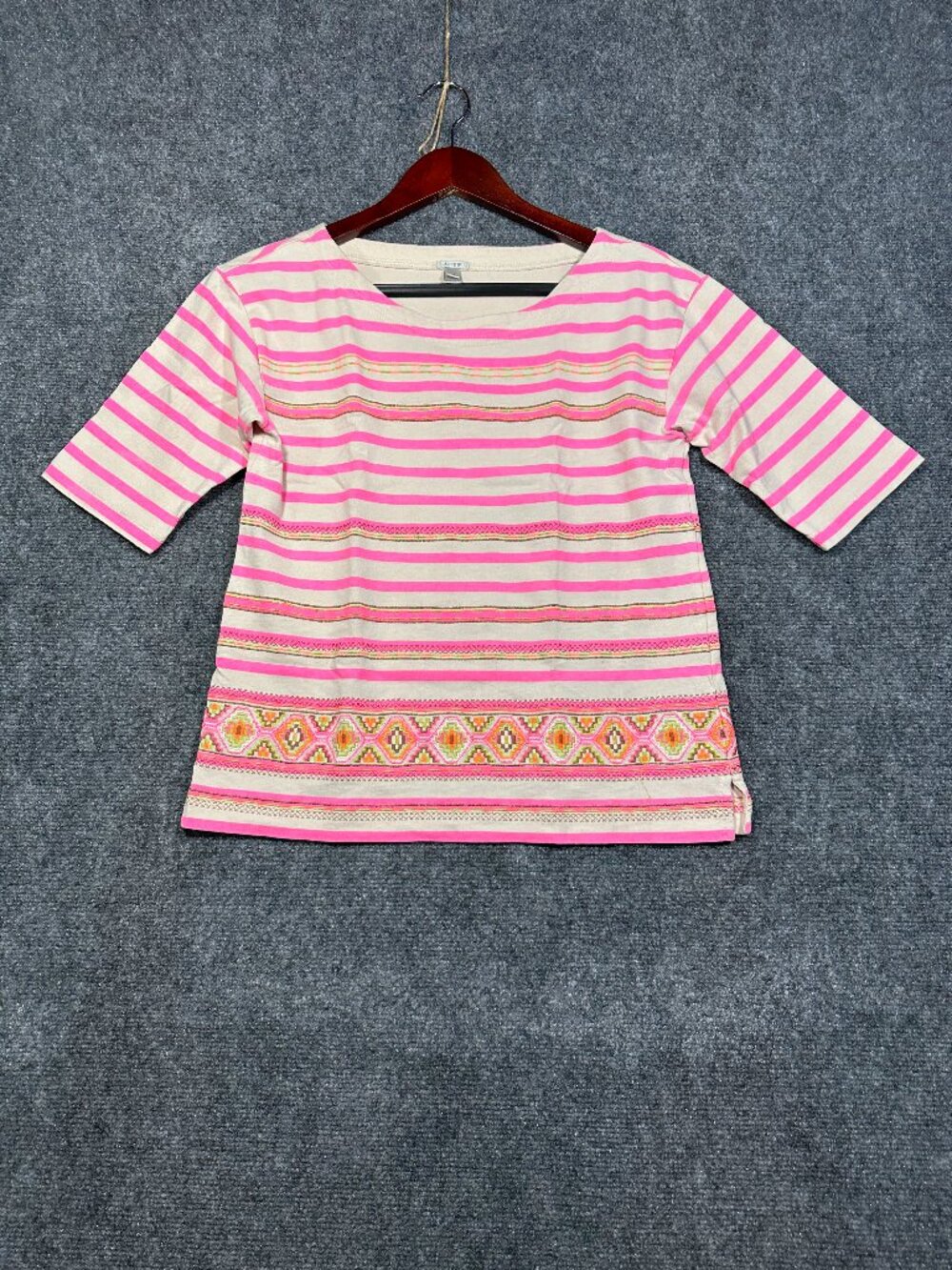 J Crew Top Womens XS Stitchwork Stripe Embroidered Cotton Aztec 3/4 Sleeve Tee